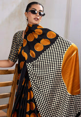 Black & Musturd Yellow Polka Dot Ajrakh Print Modal Silk Saree With Blouse Piece - Adi Akshoy & Co.