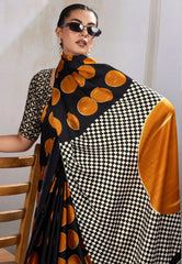 Black & Musturd Yellow Polka Dot Ajrakh Print Modal Silk Saree With Blouse Piece - Adi Akshoy & Co.