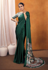 Bottle Green Ajrakh Print in Modal Silk Saree With Blouse Piece - Adi Akshoy & Co.