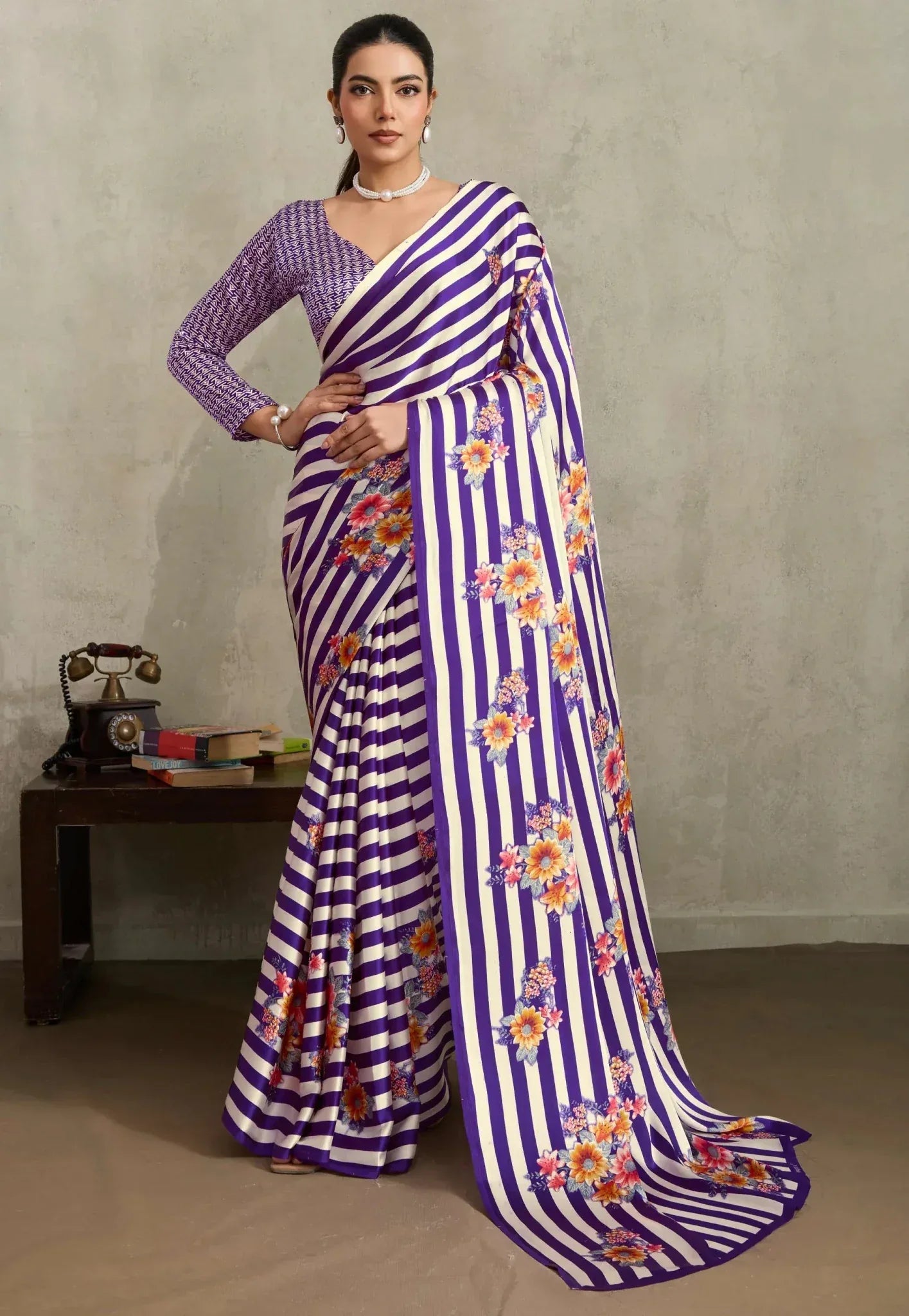 Floral Striped Purple Modal Silk Saree With Blouse Piece - Adi Akshoy & Co.