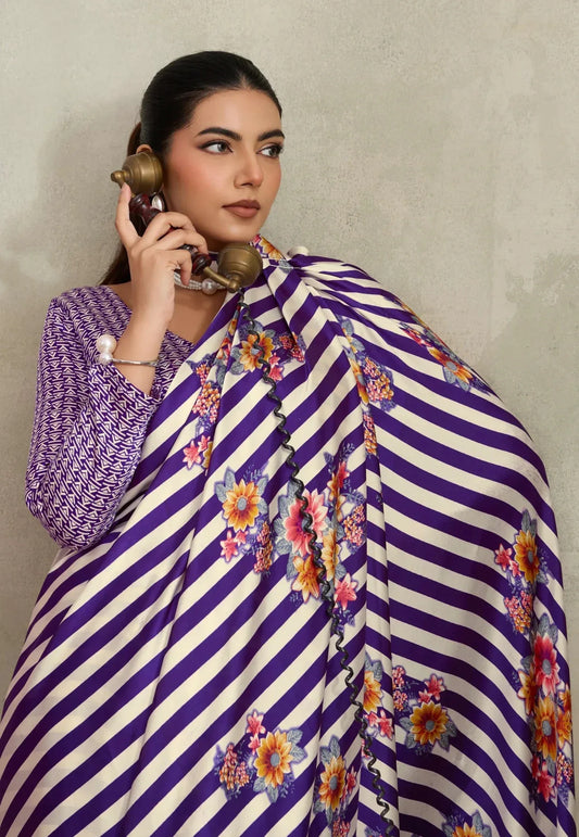 Floral Striped Purple Modal Silk Saree With Blouse Piece - Adi Akshoy & Co.