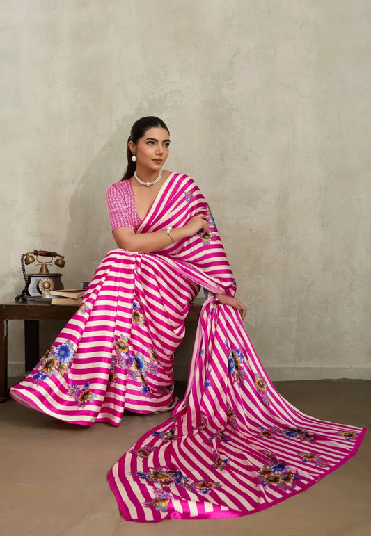 Floral Striped Rani Modal Silk Saree With Blouse Piece - Adi Akshoy & Co.
