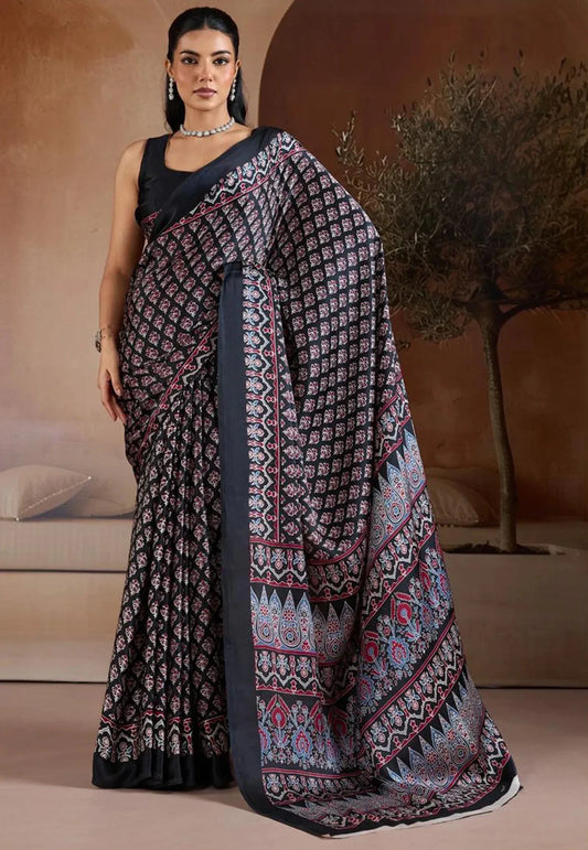 Black Ajrakh Print in Modal Silk Saree With Blouse Piece - Adi Akshoy & Co.