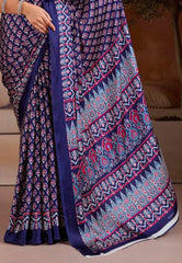 Blue Ajrakh Print in Modal Silk Saree With Blouse Piece - Adi Akshoy & Co.
