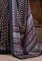 Black Ajrakh Print in Modal Silk Saree With Blouse Piece - Adi Akshoy & Co.