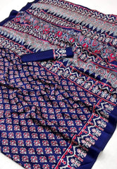 Blue Ajrakh Print in Modal Silk Saree With Blouse Piece - Adi Akshoy & Co.