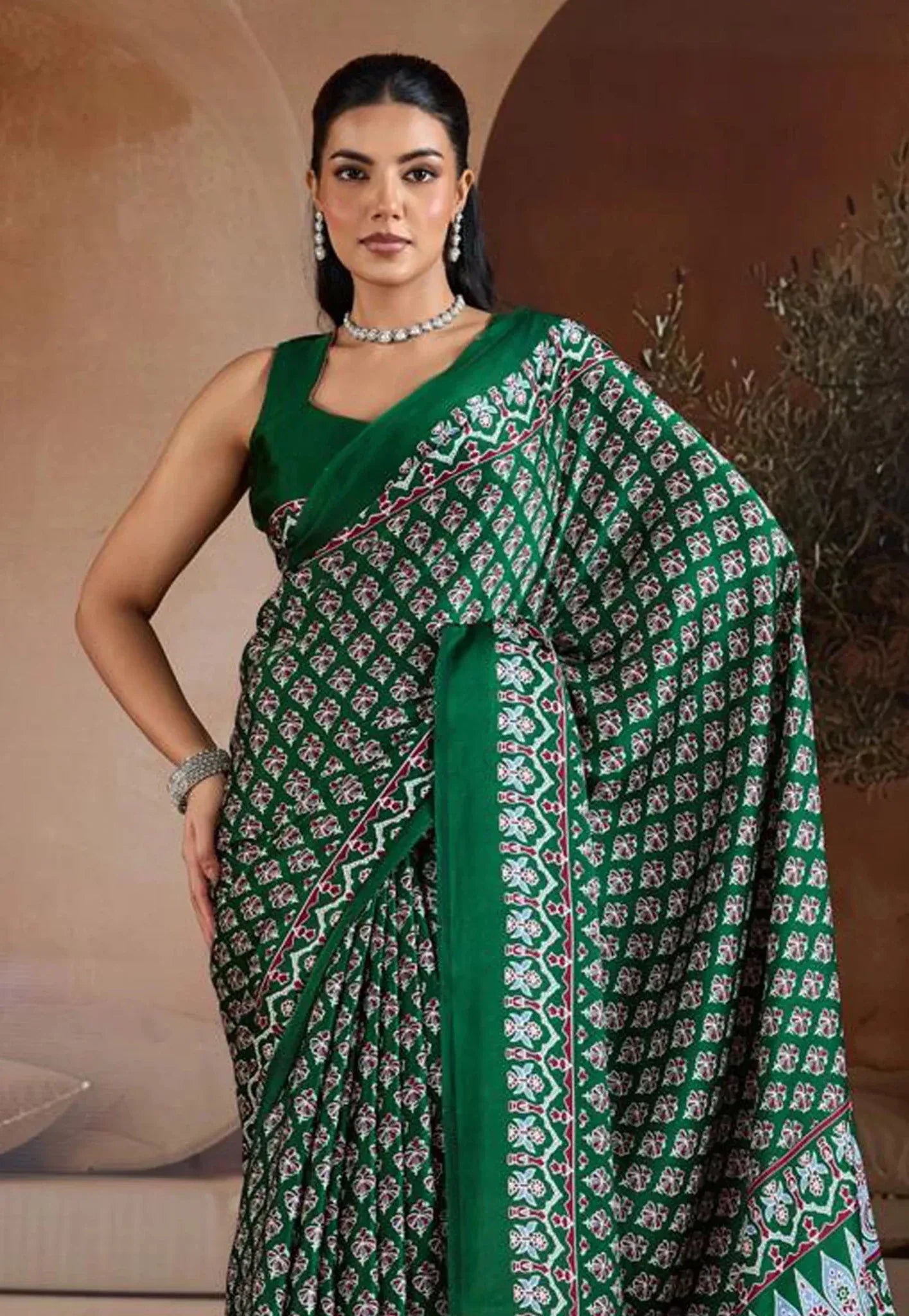 Bottle Green Ajrakh Print in Modal Silk Saree With Blouse Piece - Adi Akshoy & Co.