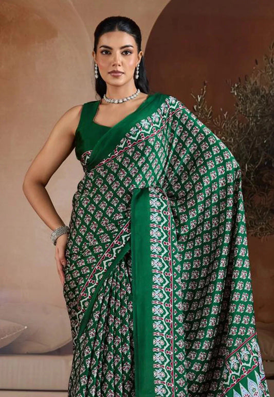 Bottle Green Ajrakh Print in Modal Silk Saree With Blouse Piece - Adi Akshoy & Co.