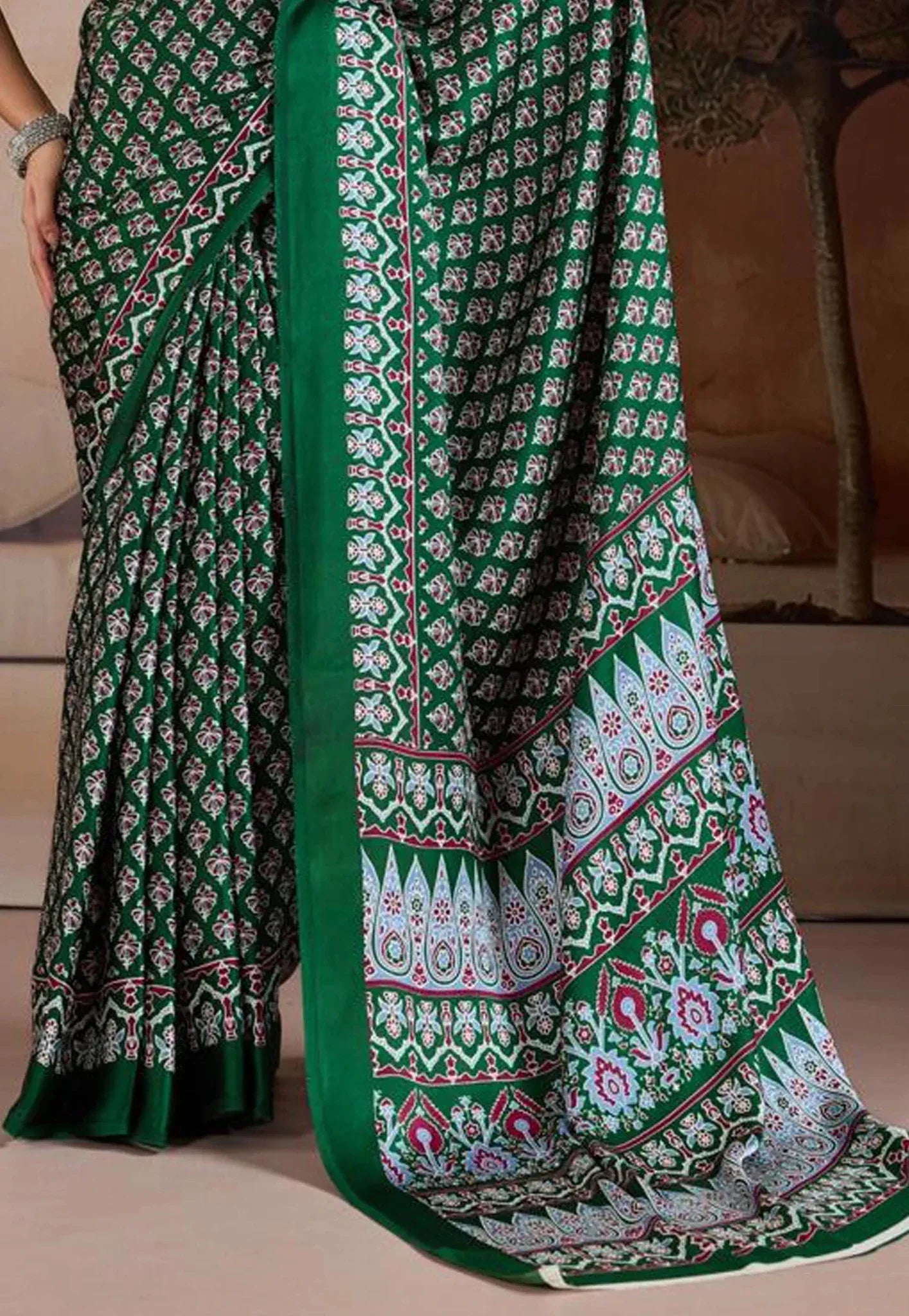 Bottle Green Ajrakh Print in Modal Silk Saree With Blouse Piece - Adi Akshoy & Co.