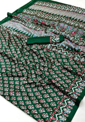 Bottle Green Ajrakh Print in Modal Silk Saree With Blouse Piece - Adi Akshoy & Co.