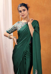 Bottle Green Ajrakh Print in Modal Silk Saree With Blouse Piece - Adi Akshoy & Co.