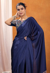Navy Blue Ajrakh Print in Modal Silk Saree With Blouse Piece - Adi Akshoy & Co.