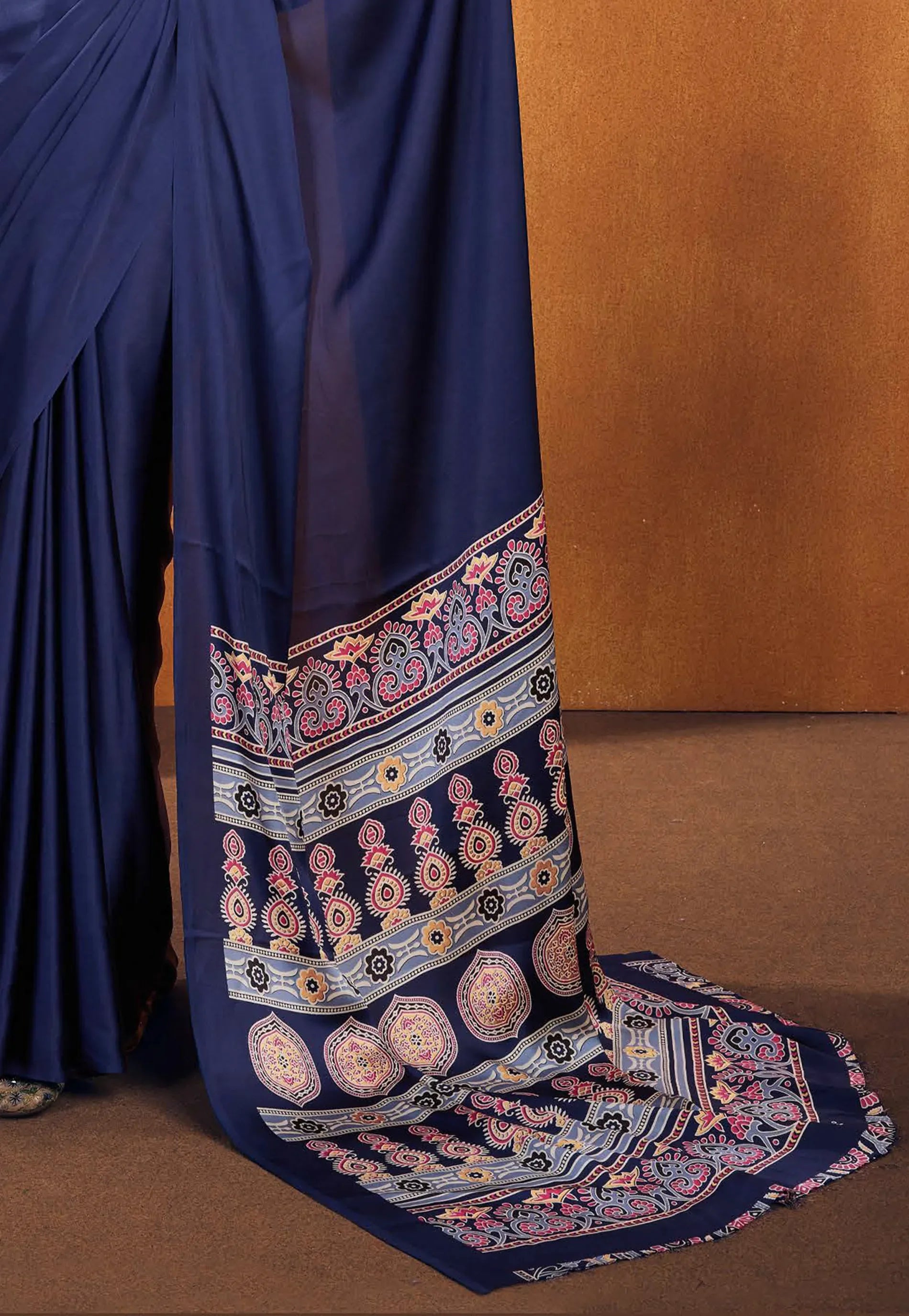 Navy Blue Ajrakh Print in Modal Silk Saree With Blouse Piece - Adi Akshoy & Co.