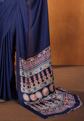 Navy Blue Ajrakh Print in Modal Silk Saree With Blouse Piece - Adi Akshoy & Co.