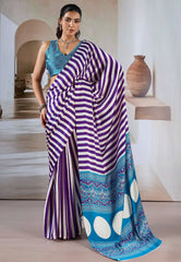 Purple & White Stripe Ajrakh Print in Modal Silk Saree With Blouse Piece - Adi Akshoy & Co.