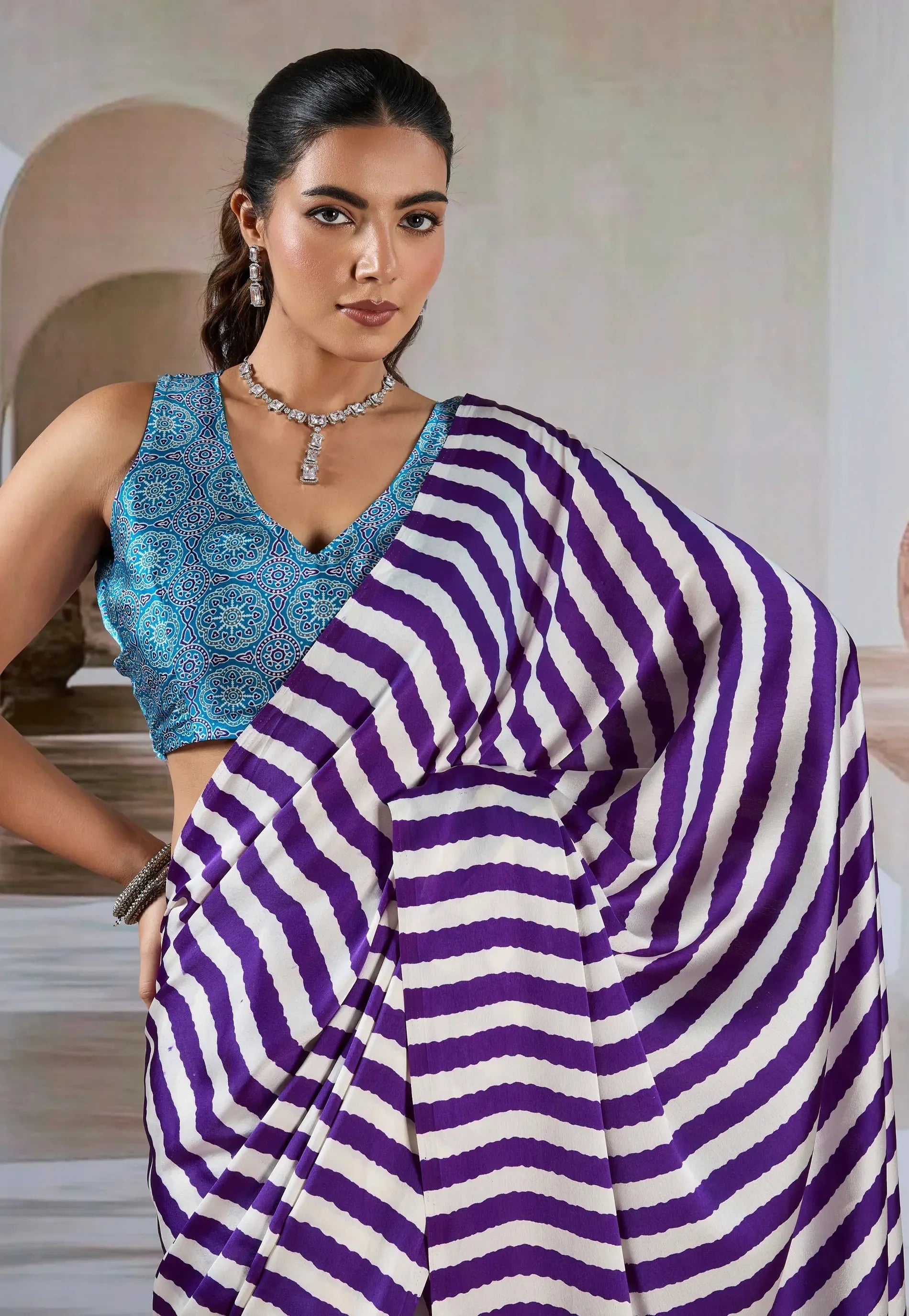 Purple & White Stripe Ajrakh Print in Modal Silk Saree With Blouse Piece - Adi Akshoy & Co.