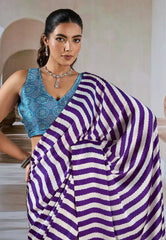 Purple & White Stripe Ajrakh Print in Modal Silk Saree With Blouse Piece - Adi Akshoy & Co.