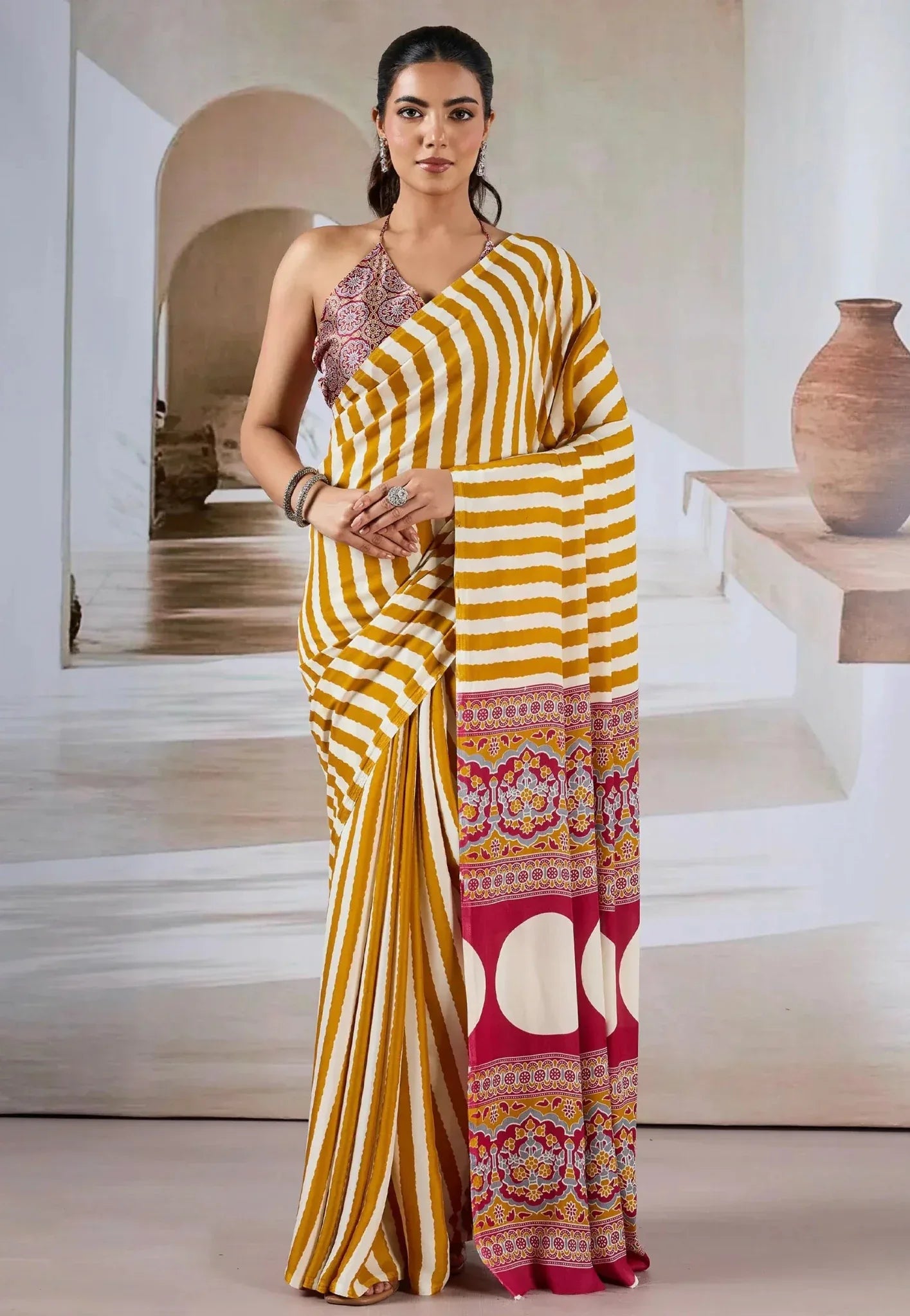 Mustard Yellow & White Stripe Ajrakh Print in Modal Silk Saree With Blouse Piece - Adi Akshoy & Co.