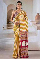 Mustard Yellow & White Stripe Ajrakh Print in Modal Silk Saree With Blouse Piece - Adi Akshoy & Co.