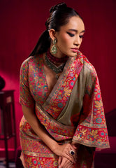 Grey Floral Kani Silk Saree With Blouse Piece- Adi Akshoy & Co.