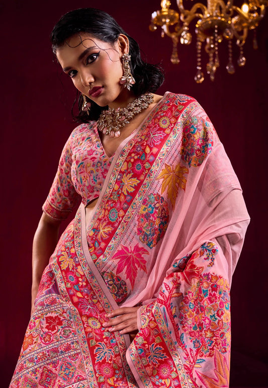 Baby Pink Kani Silk Saree With Blouse Piece - Adi Akshoy & Co.