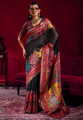 Black Floral Kani Silk Saree With Blouse Piece- Adi Akshoy & Co.