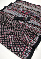 Black Ajrakh Print in Modal Silk Saree With Blouse Piece - Adi Akshoy & Co.