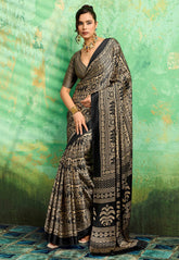 Black Ajrakh Print Modal Silk Saree With Blouse Piece - Adi Akshoy & Co.