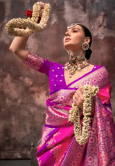 Dual Colour of Purple & Rani Kanjivaram Silk with Zari work Saree with Blouse Piece - Adi Akshoy & Co.