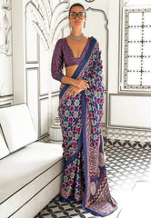 Navy Blue Ajrakh Print in Modal Silk Saree With Blouse Piece - Adi Akshoy & Co.