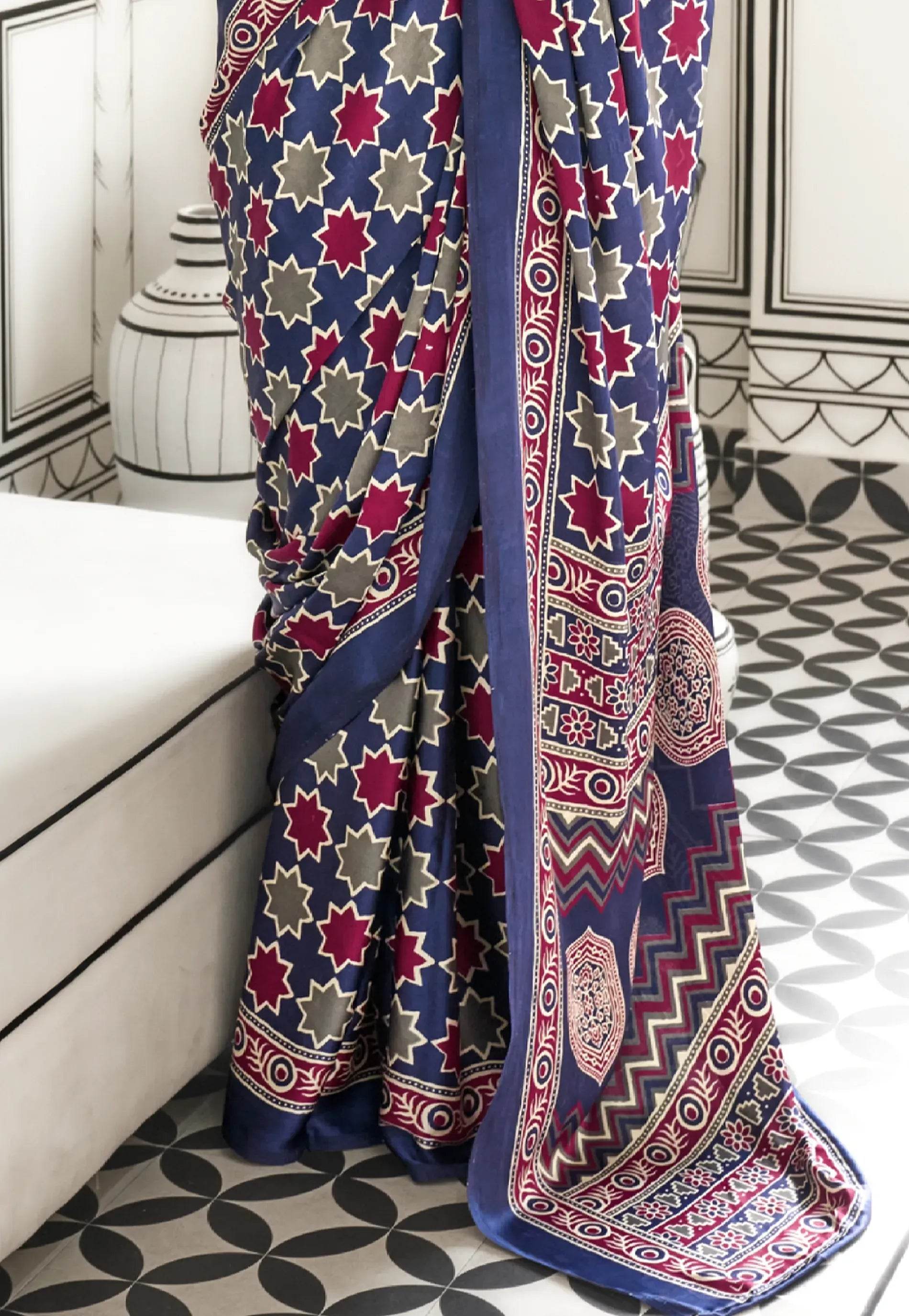 Navy Blue Ajrakh Print in Modal Silk Saree With Blouse Piece - Adi Akshoy & Co.