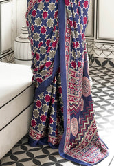 Navy Blue Ajrakh Print in Modal Silk Saree With Blouse Piece - Adi Akshoy & Co.