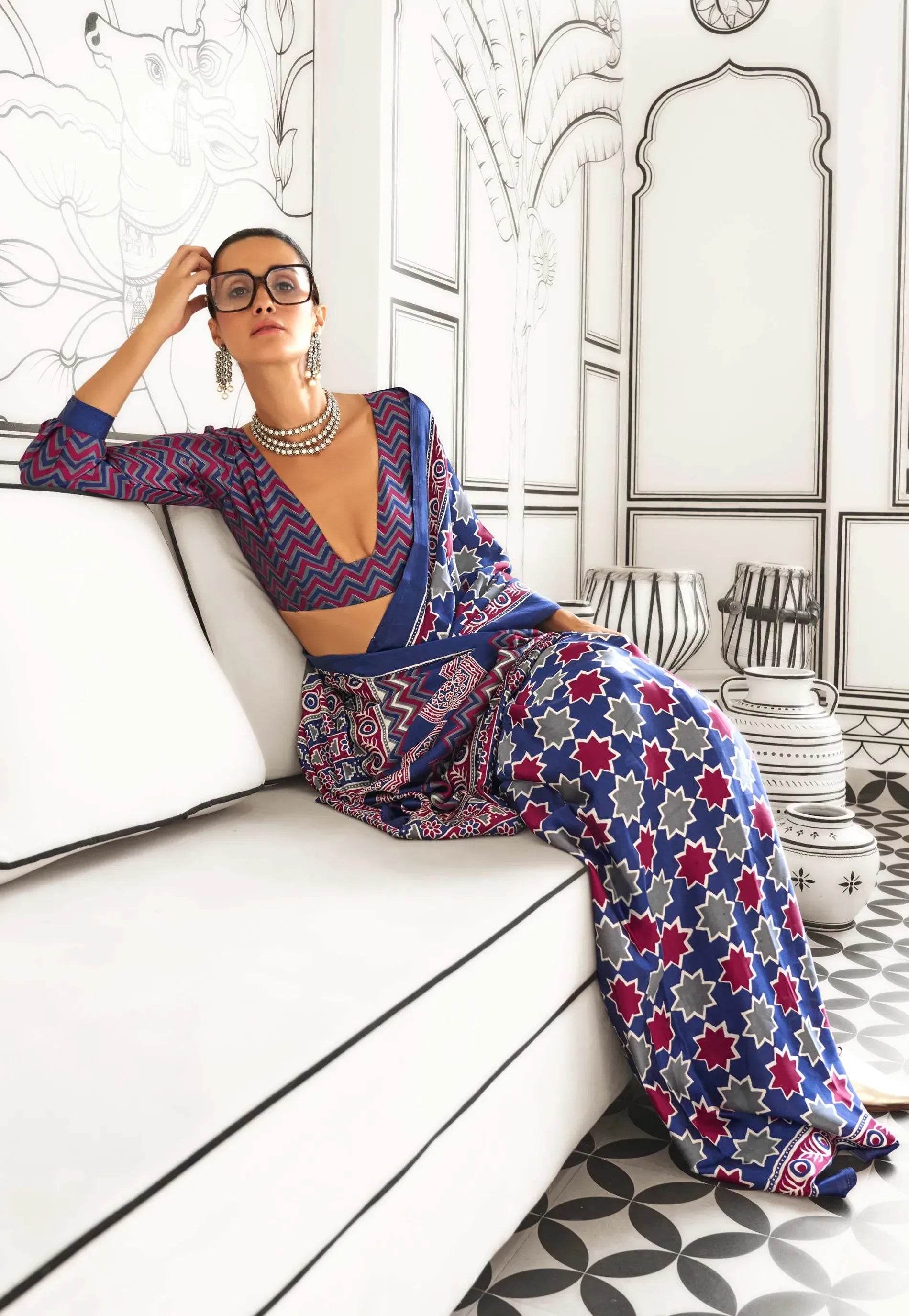 Navy Blue Ajrakh Print in Modal Silk Saree With Blouse Piece - Adi Akshoy & Co.