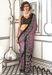 Magenta Ajrakh Print in Modal Silk Saree With Blouse Piece - Adi Akshoy & Co.