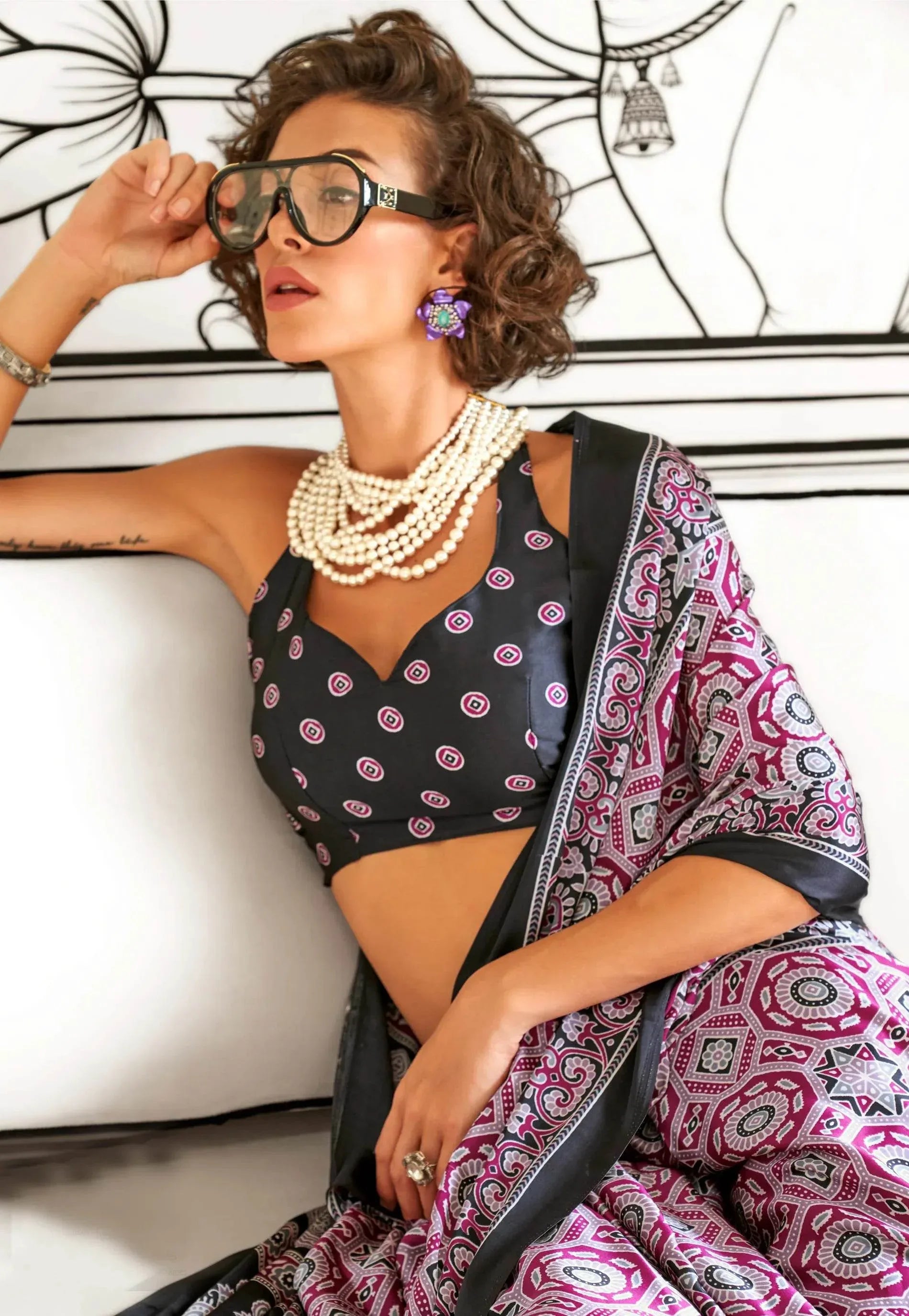 Magenta Ajrakh Print in Modal Silk Saree With Blouse Piece - Adi Akshoy & Co.