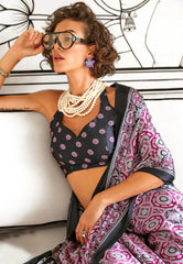 Magenta Ajrakh Print in Modal Silk Saree With Blouse Piece - Adi Akshoy & Co.