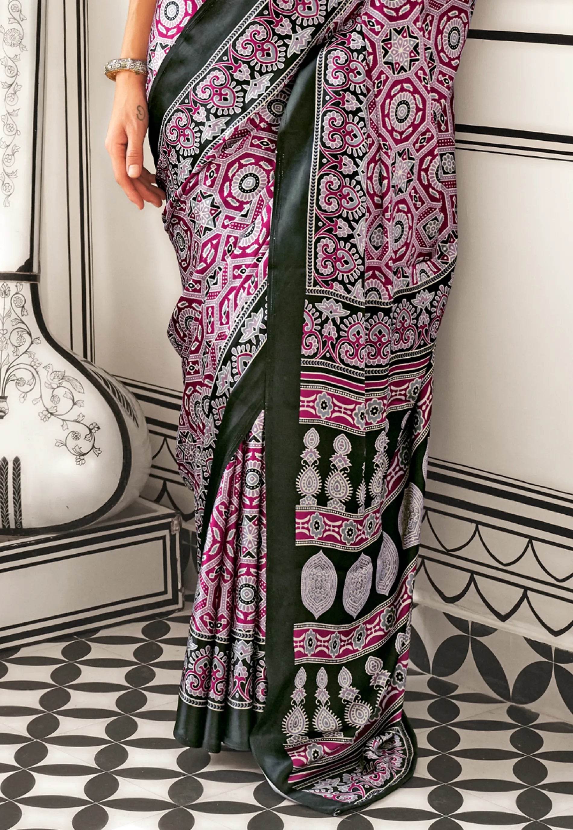 Magenta Ajrakh Print in Modal Silk Saree With Blouse Piece - Adi Akshoy & Co.