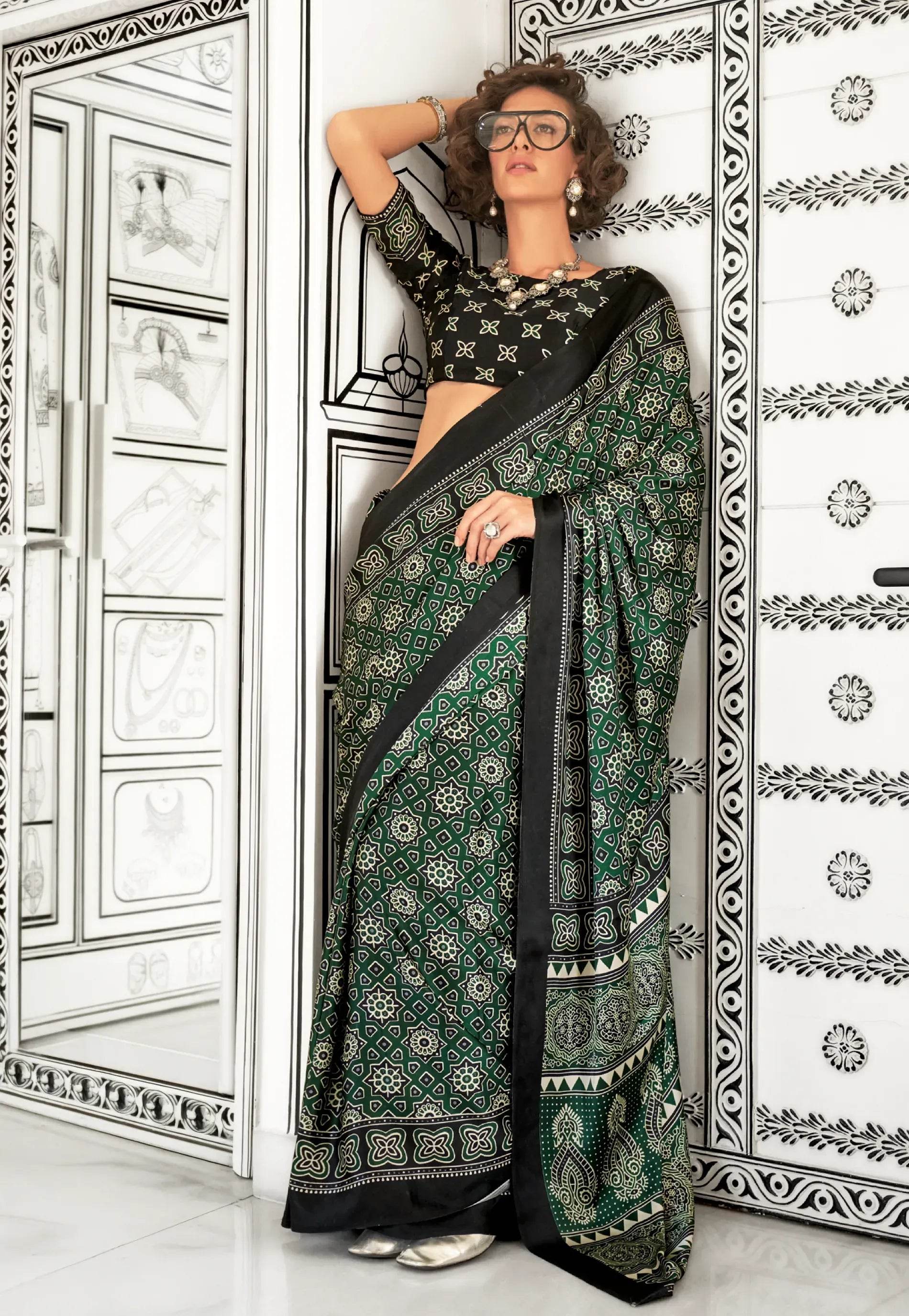 Bottle Green Ajrakh print in Modal Silk Saree With Blouse Piece - Adi Akshoy & Co.