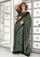 Bottle Green Ajrakh print in Modal Silk Saree With Blouse Piece - Adi Akshoy & Co.