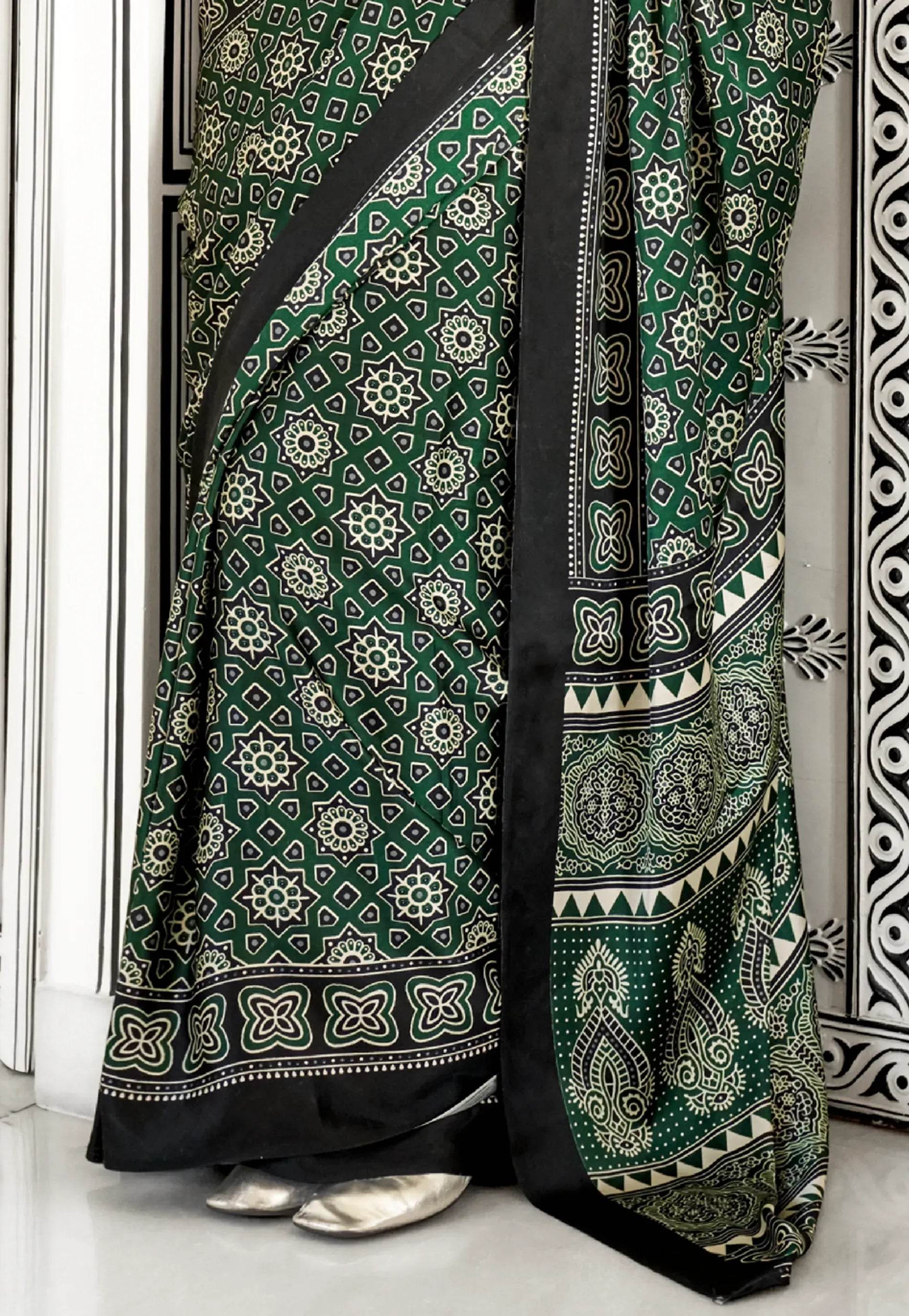 Bottle Green Ajrakh print in Modal Silk Saree With Blouse Piece - Adi Akshoy & Co.