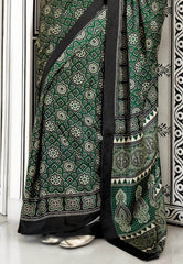 Bottle Green Ajrakh print in Modal Silk Saree With Blouse Piece - Adi Akshoy & Co.