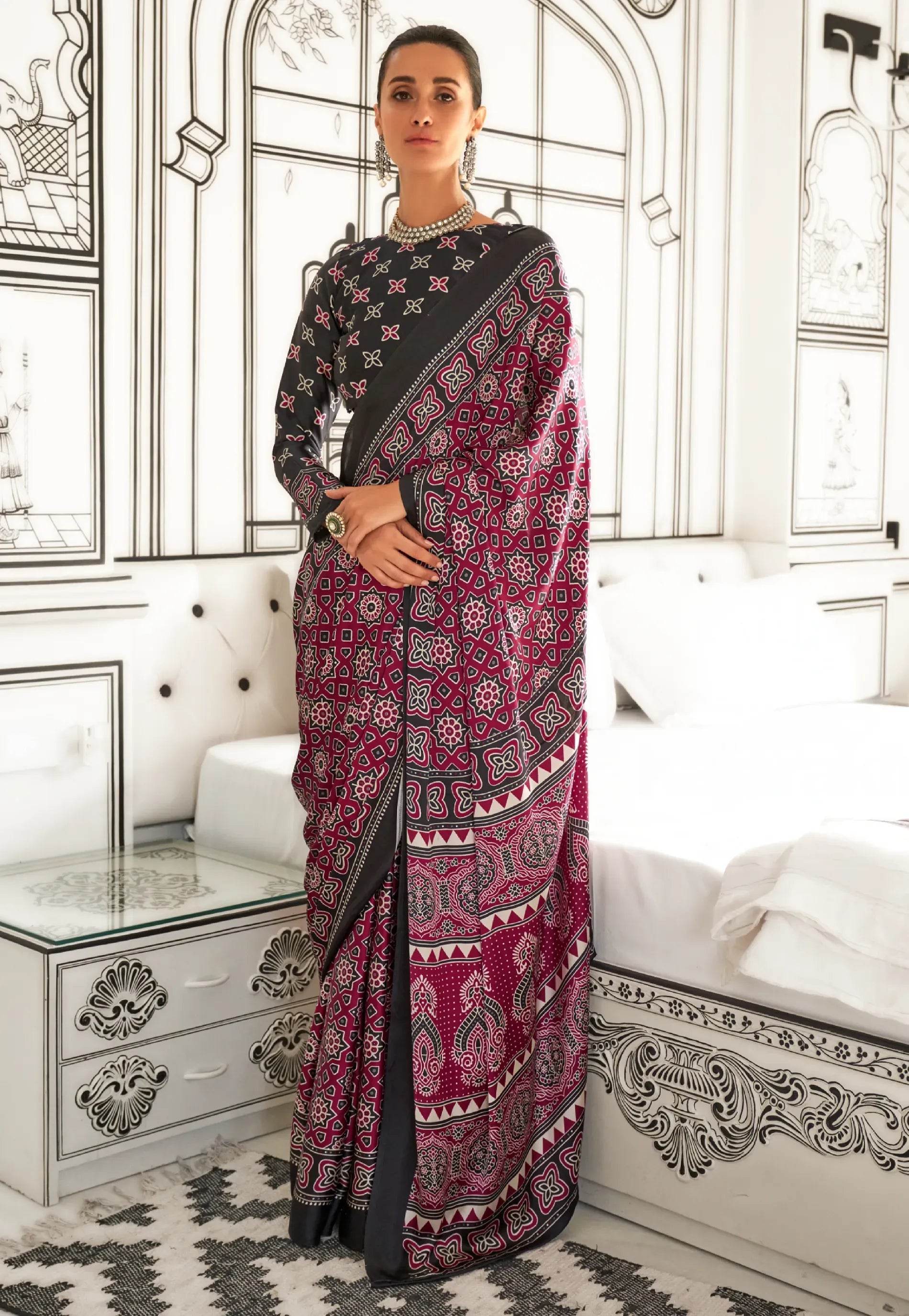 Maroon Ajrakh print in Modal Silk Saree With Blouse Piece - Adi Akshoy & Co.