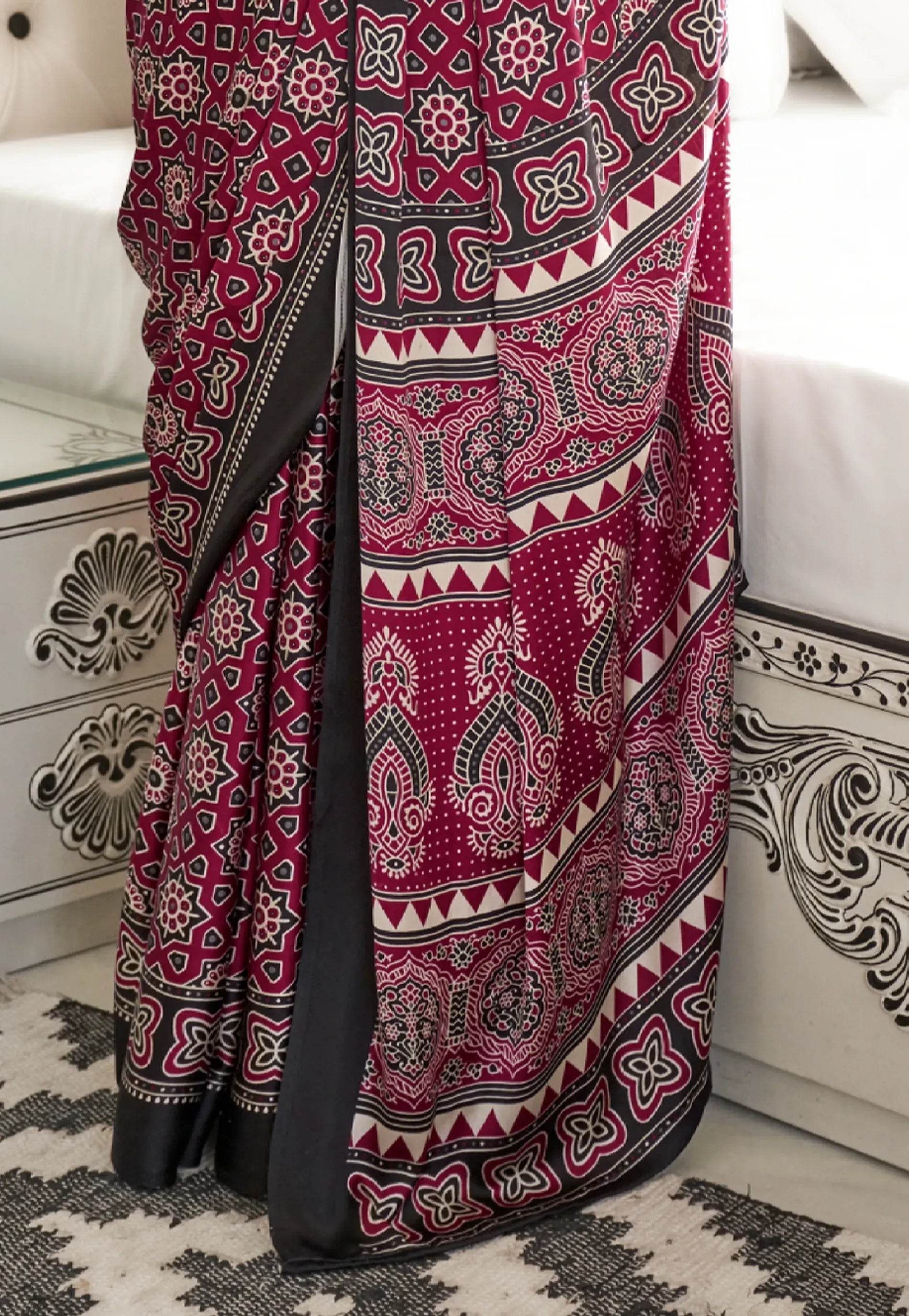 Maroon Ajrakh print in Modal Silk Saree With Blouse Piece - Adi Akshoy & Co.