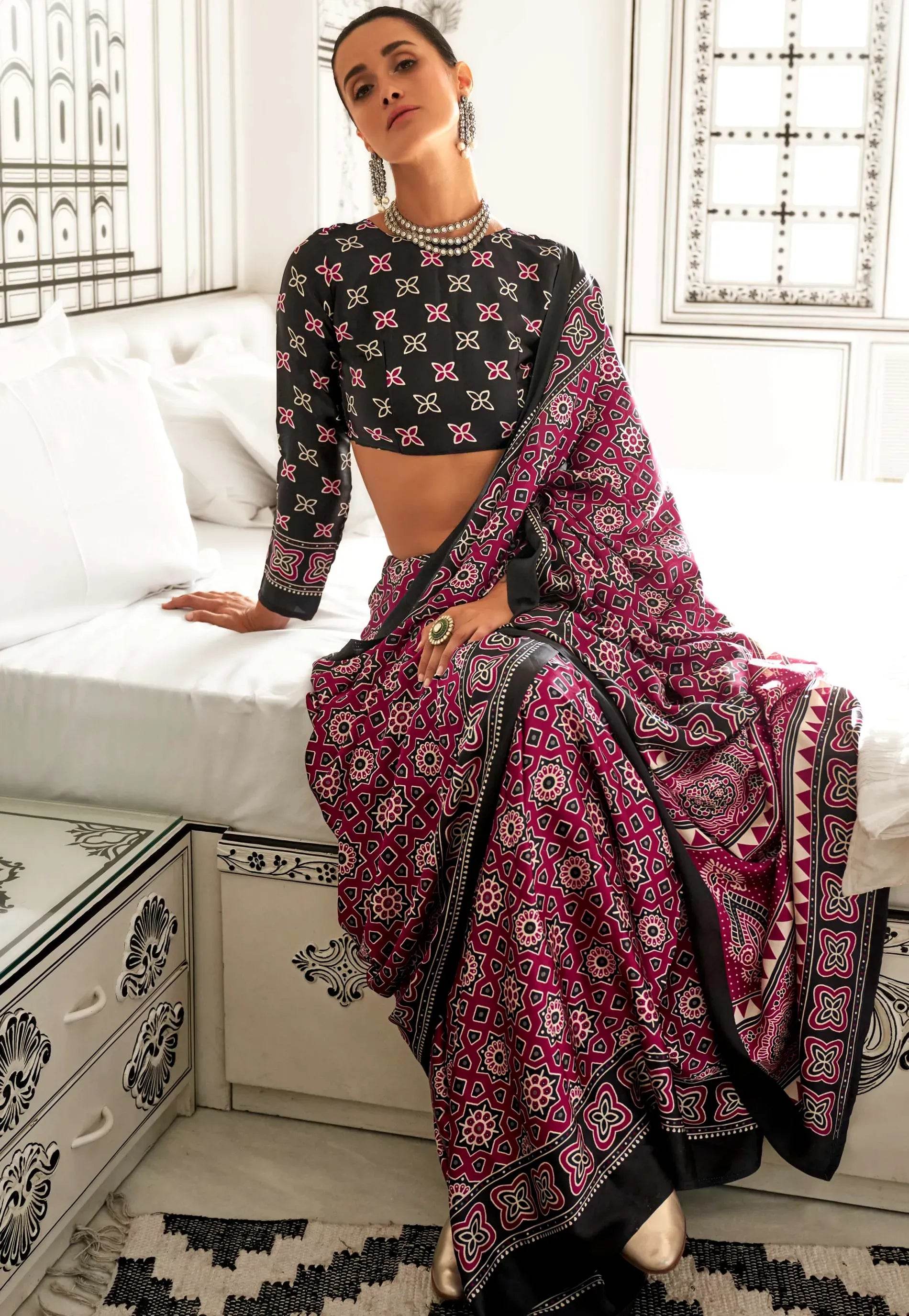 Maroon Ajrakh print in Modal Silk Saree With Blouse Piece - Adi Akshoy & Co.