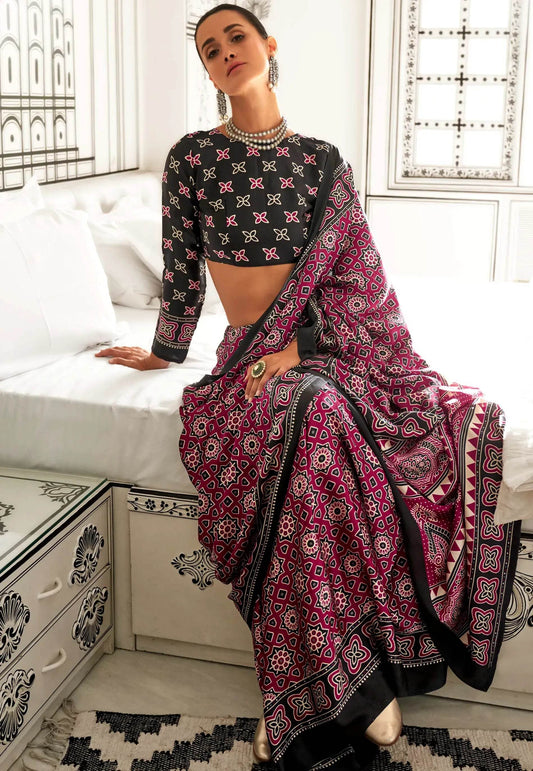 Maroon Ajrakh print in Modal Silk Saree With Blouse Piece - Adi Akshoy & Co.