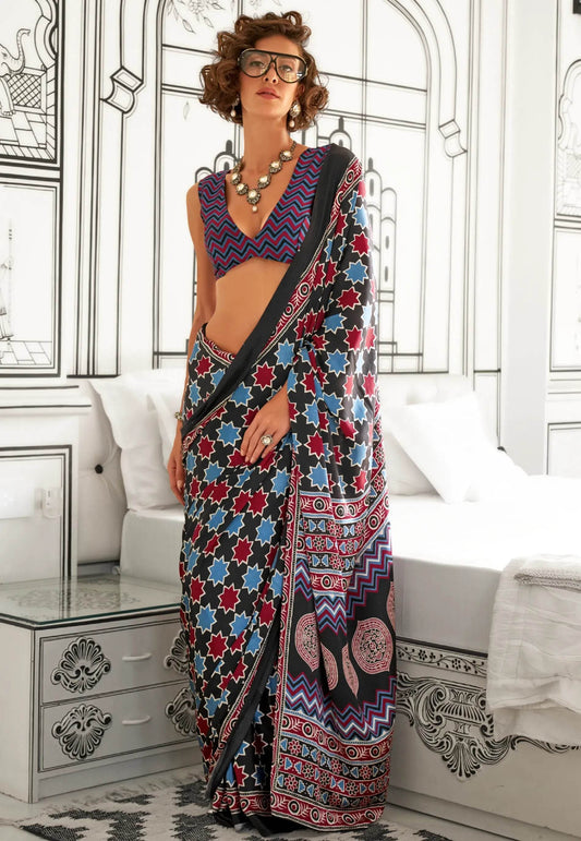 Black Ajrakh print in Modal Silk Saree With Blouse Piece - Adi Akshoy & Co.