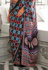 Black Ajrakh print in Modal Silk Saree With Blouse Piece - Adi Akshoy & Co.