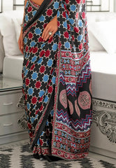 Black Ajrakh print in Modal Silk Saree With Blouse Piece - Adi Akshoy & Co.