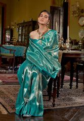 Bottle Green Brocade Tissue Kanjivaram Silk Saree With Blouse Piece - Adi Akshoy & Co.