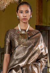 Black Brocade Tissue Kanjivaram Silk with Zari work Saree With Blouse Piece - Adi Akshoy & Co.